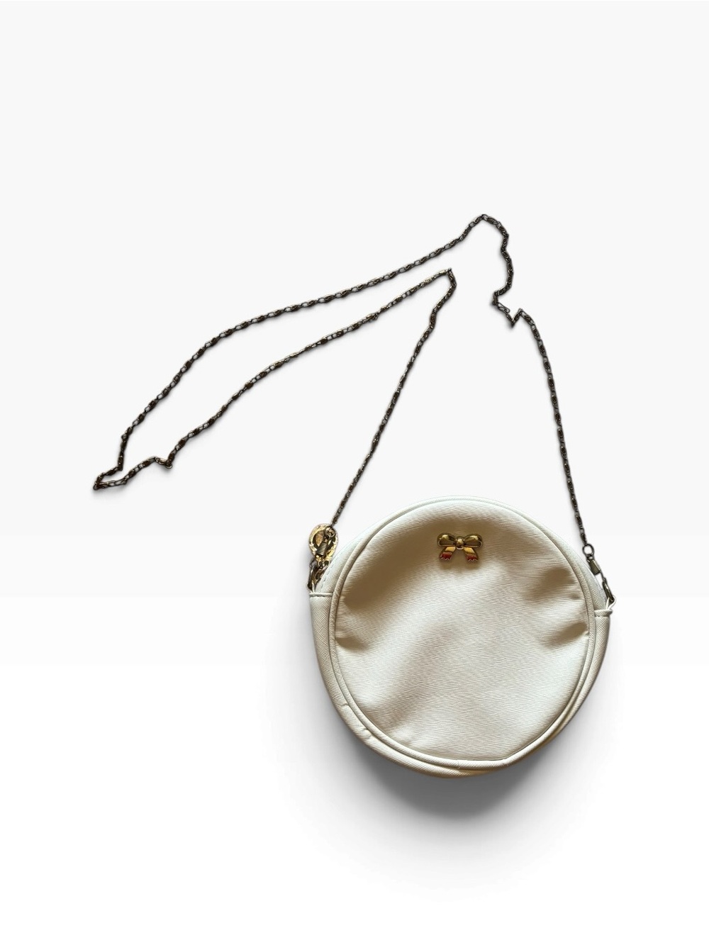 Women’s Round White Crossbody Bag with Gold Bow Accent